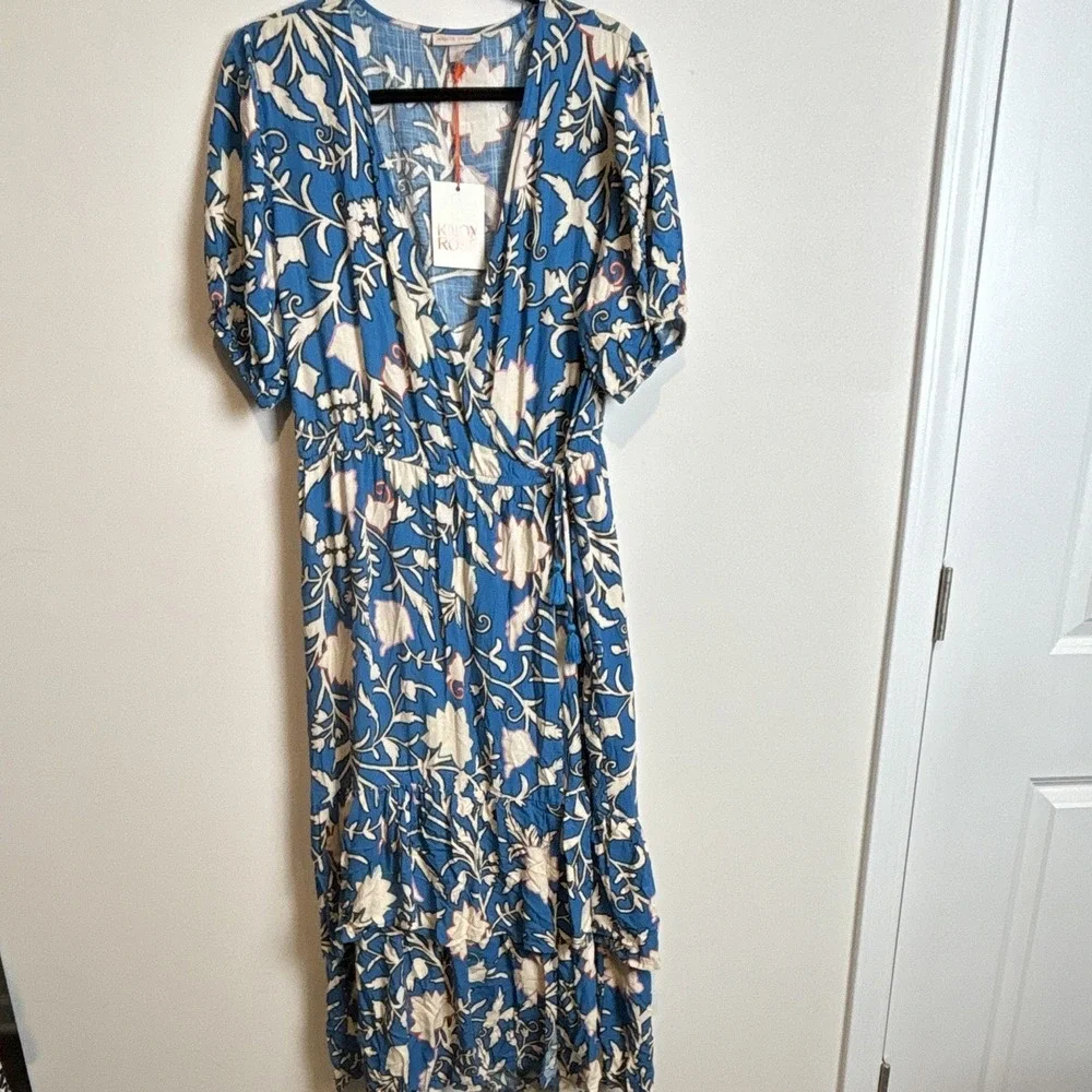 Knox Rose Blue White Floral Wrap Maxi Dress Ruffle Pockets V-Neck Puff XL - Picture 2 of 9